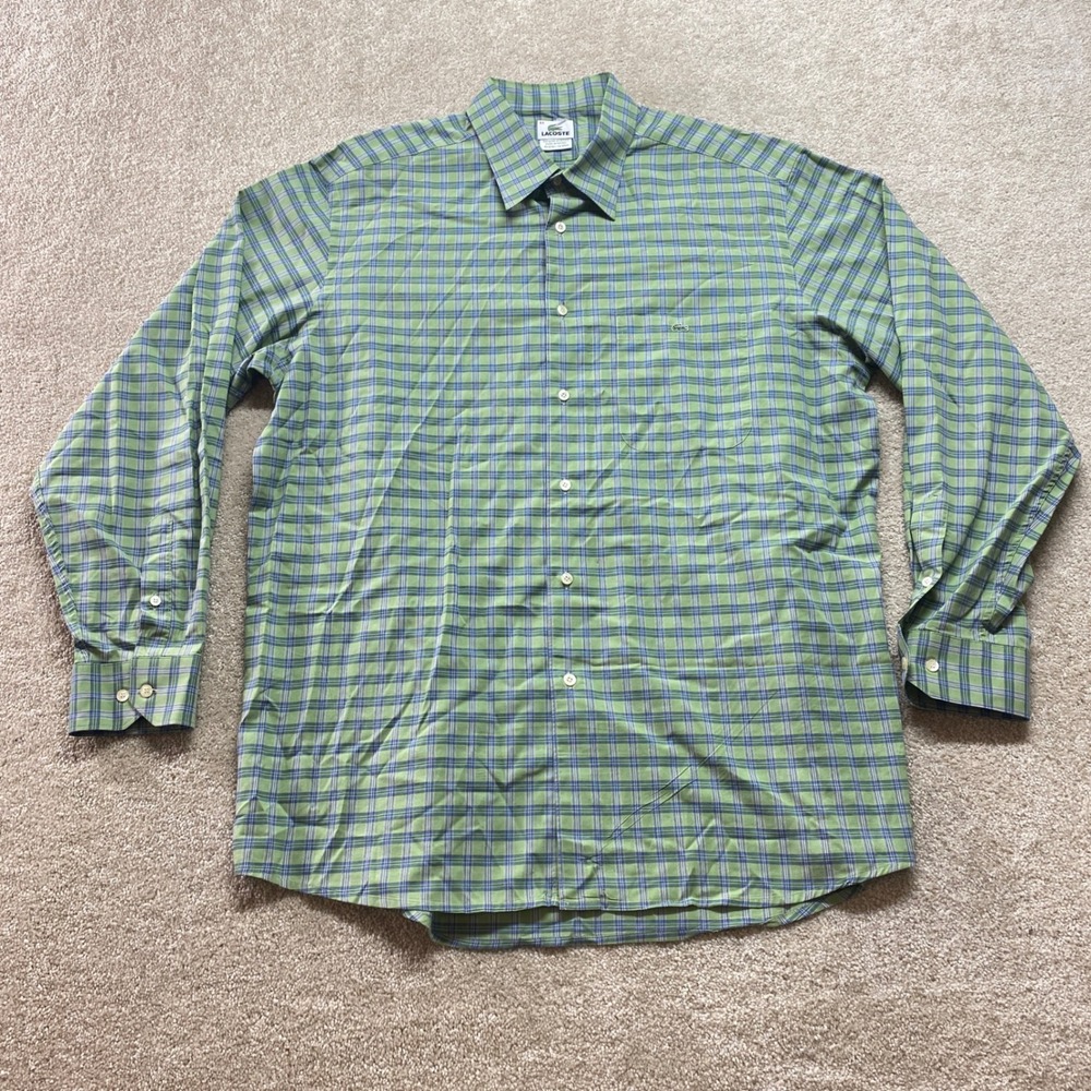 Lacoste Shirt Mens 44 Plaid Button Down Shirt Green Blue Check Long Sleeve
